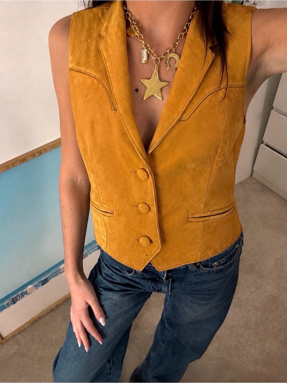 Vintage Continental Leather Mustard Suede Western Vest USA M 70s Style